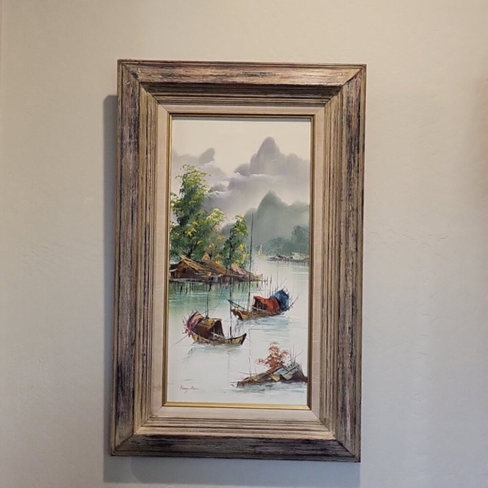 Mid Century Henry Anin Painting Japanese Harbor Scene Signed